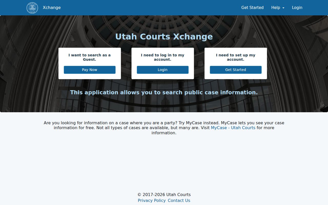 Utah Xchange guest and login landing page for court case history