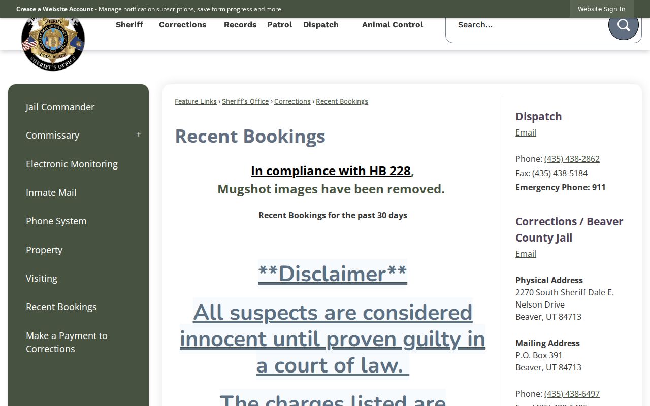Beaver County Recent Bookings page frame and its 30-day scope