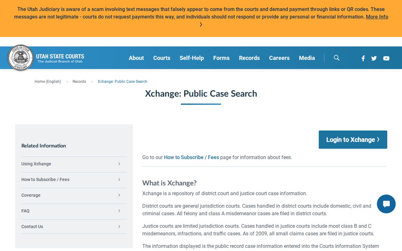 Utah Courts explanation of Xchange public case search and access options