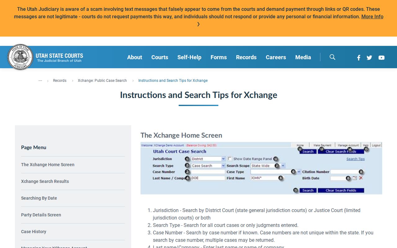 Utah Xchange public case-search field guidance