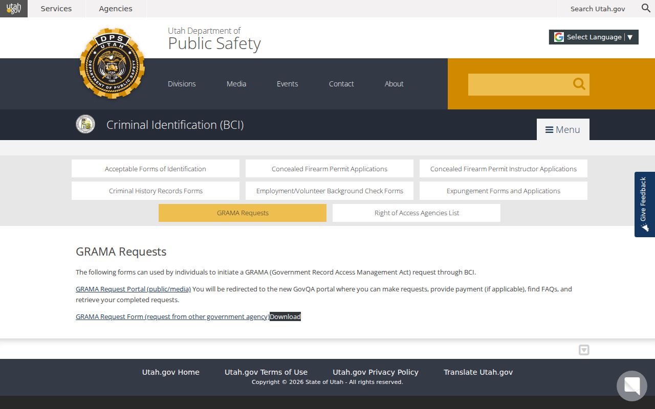 Utah BCI Government Records request page and online request route