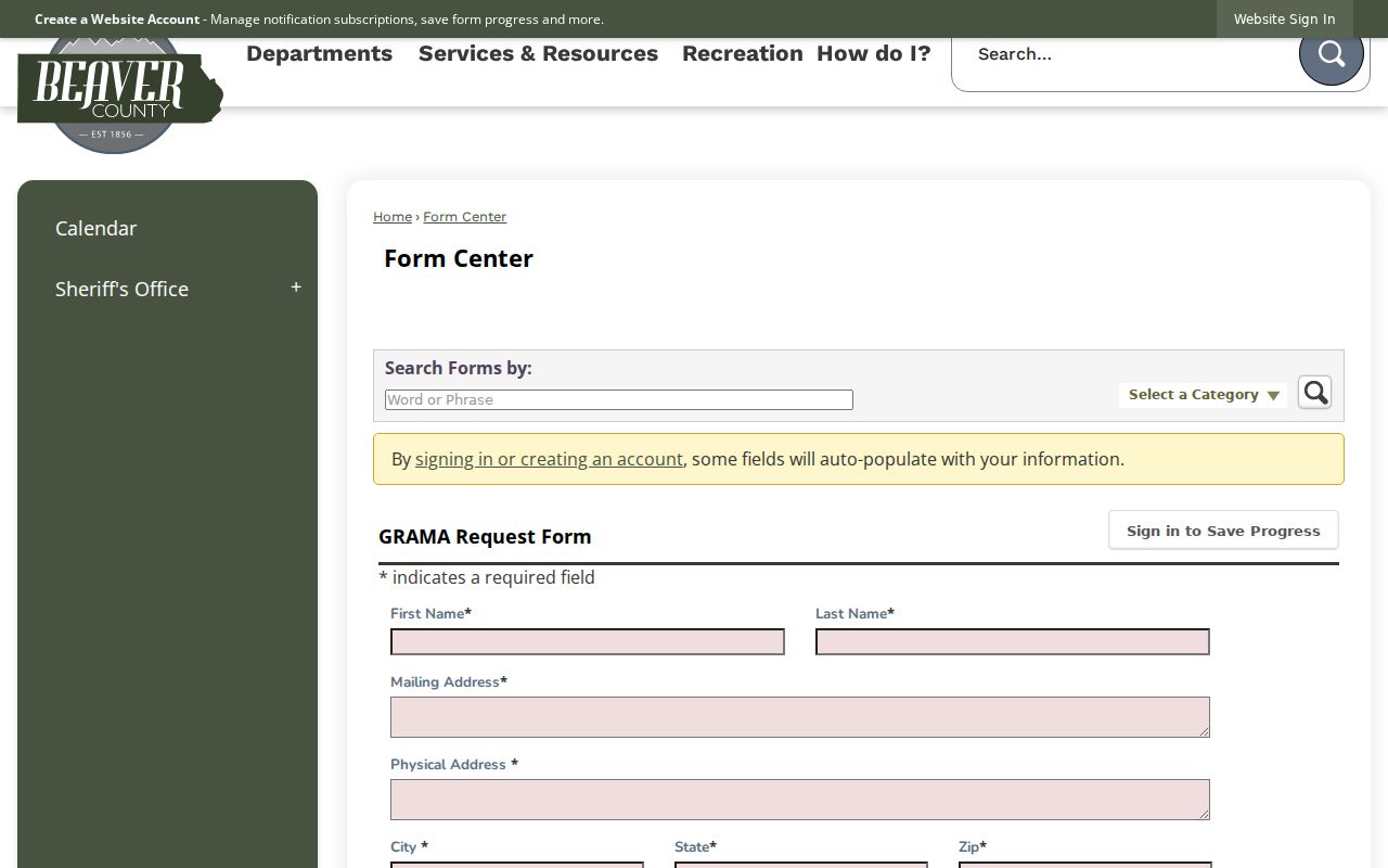 Required fields and description box on Beaver County Sheriff GRAMA request form
