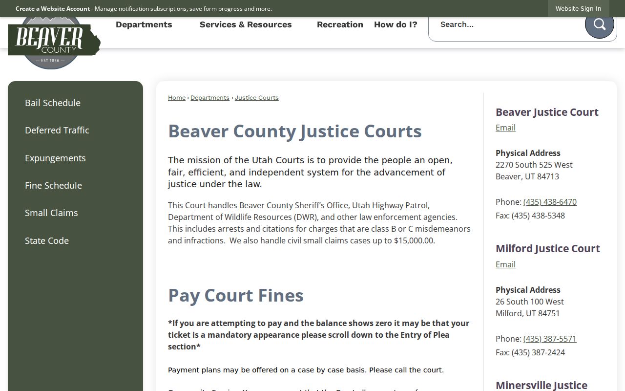 Beaver County page for the Beaver, Milford, and Minersville Justice Courts