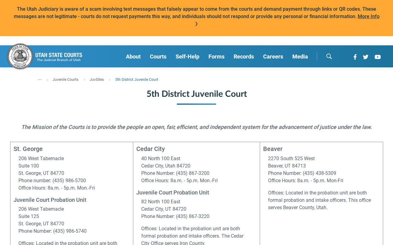 Fifth District Juvenile Court Beaver office contact listing