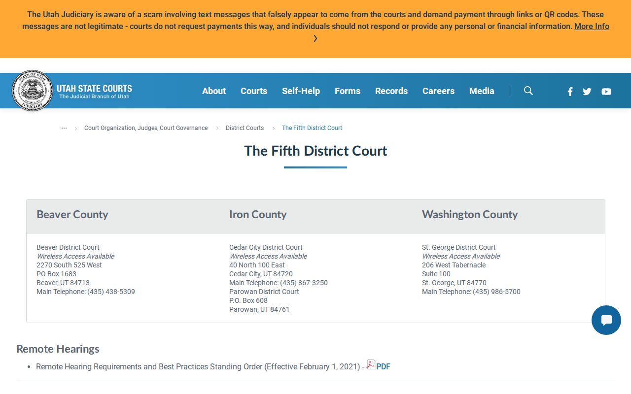 Utah Fifth District Court Beaver location and public contact information