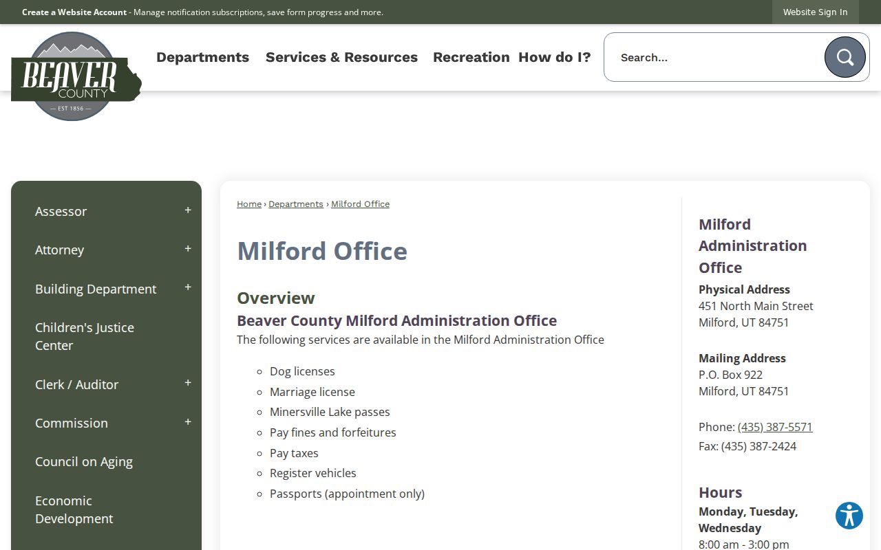 Milford Justice Court and administration office contact page