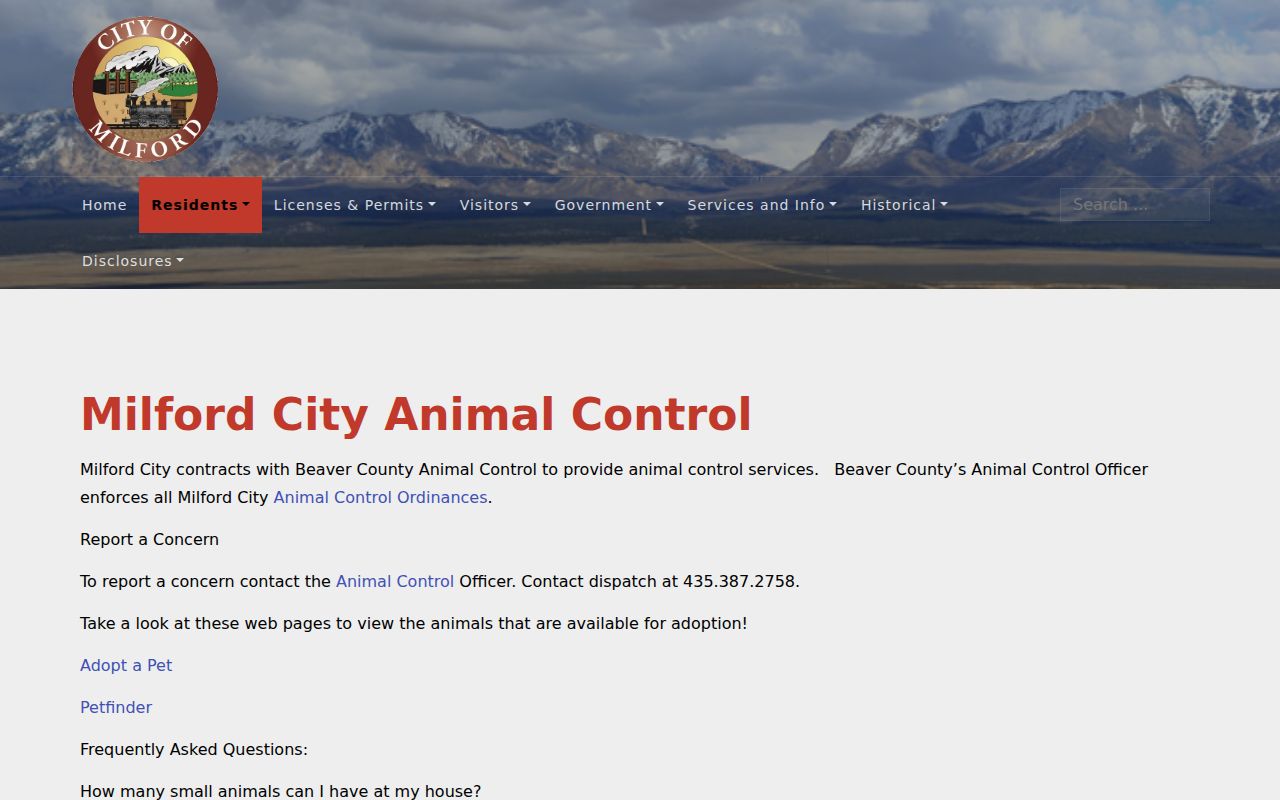 Milford City Public Safety page explaining contracted Beaver County Sheriff service