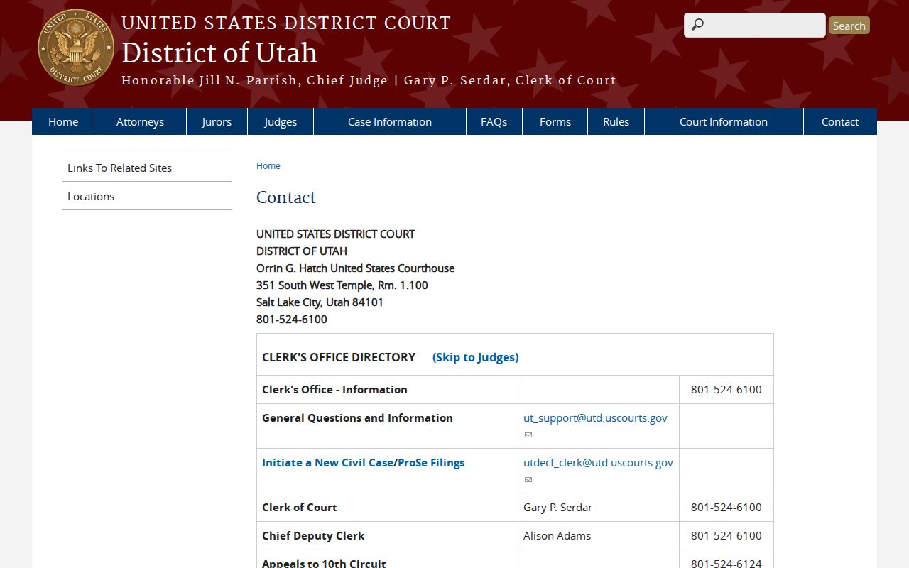 U.S. District Court for Utah courthouse contact and location information
