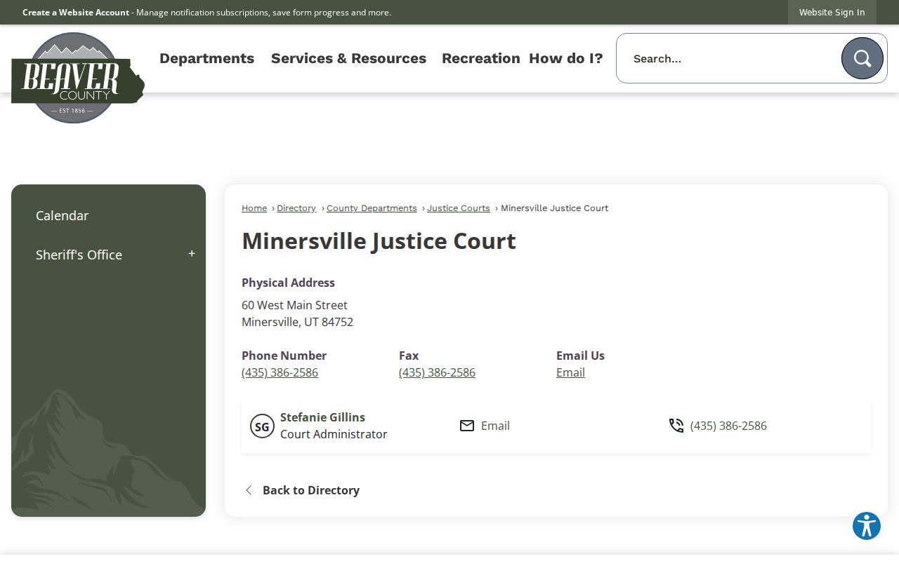 Minersville Justice Court contact card and court administrator details