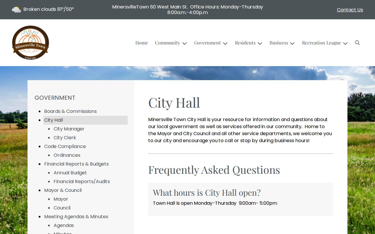 Minersville Town Hall address and official service information