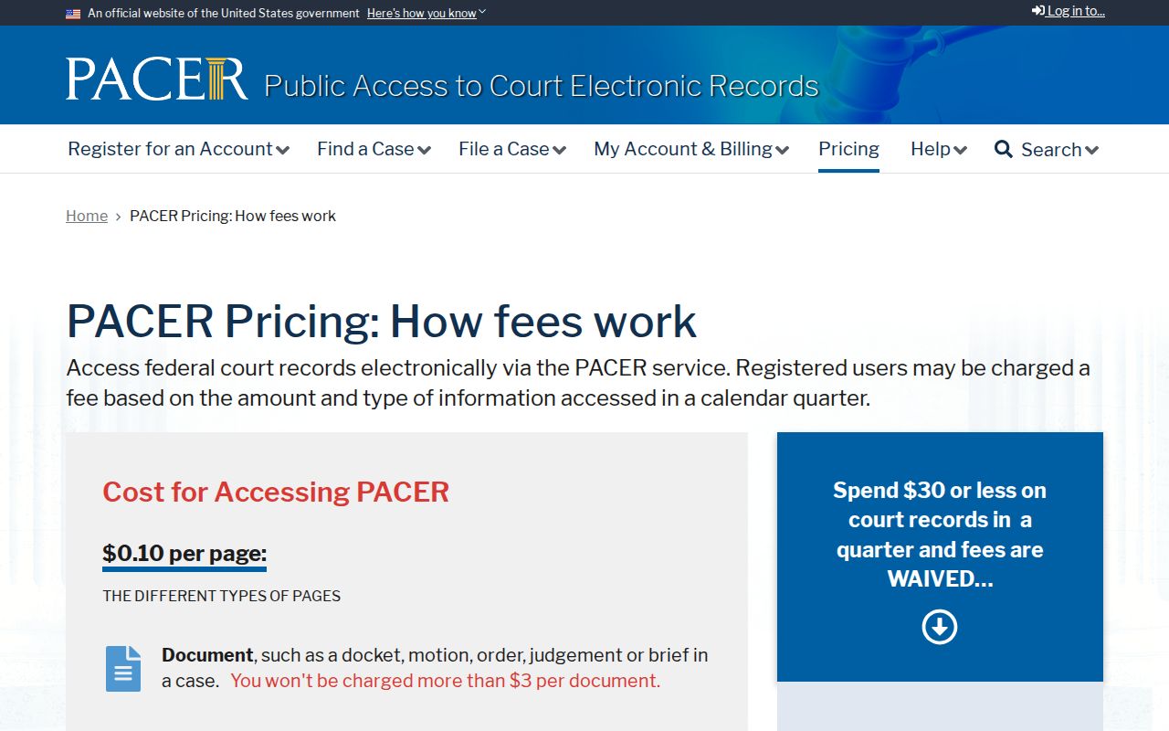 PACER official explanation of fees for federal court docket access