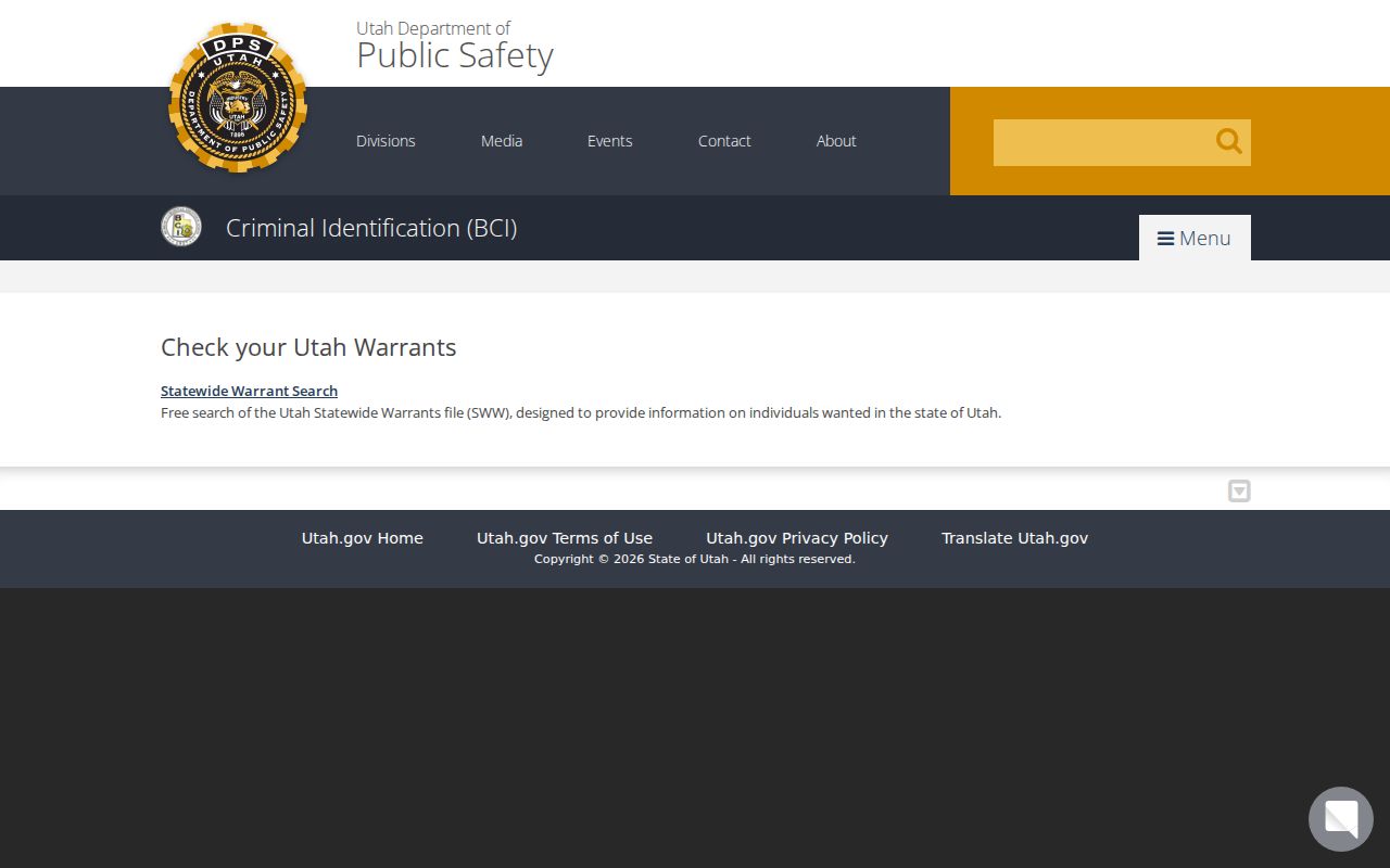 Utah Bureau of Criminal Identification page linking to the statewide warrant search