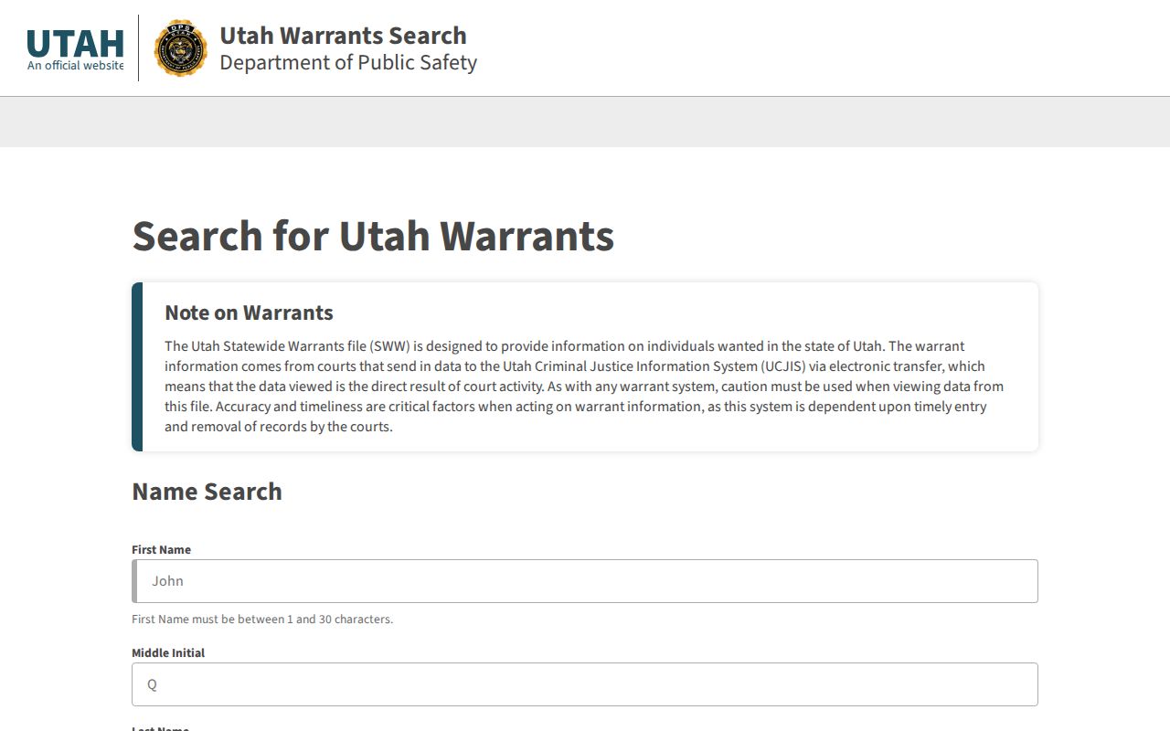Public Utah Statewide Warrants form for a name search